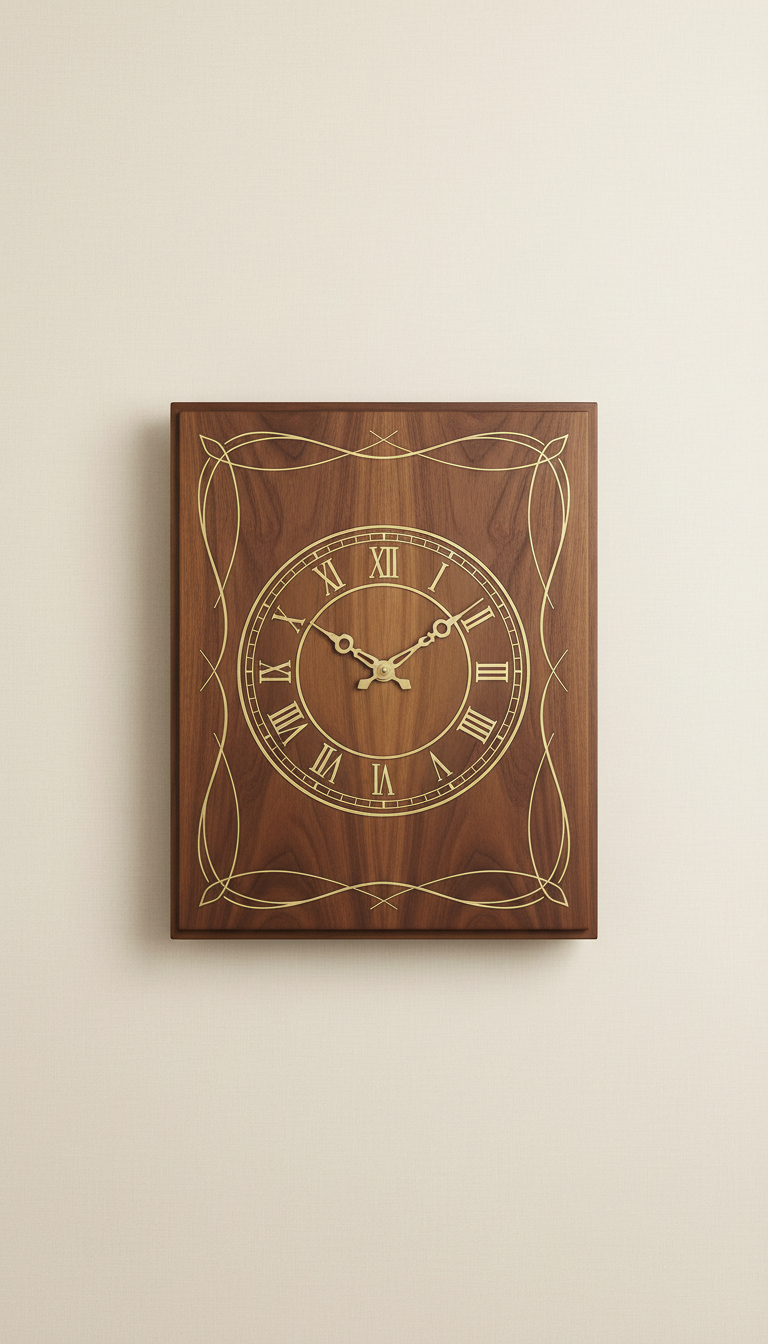 Walnut wall clock with brass inlay