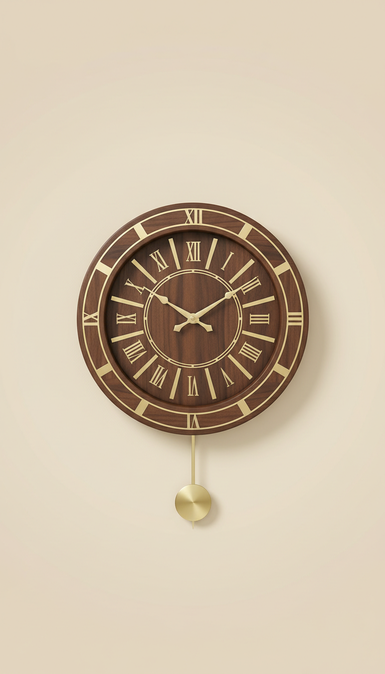 Walnut Wall Clock with Brass Inlay